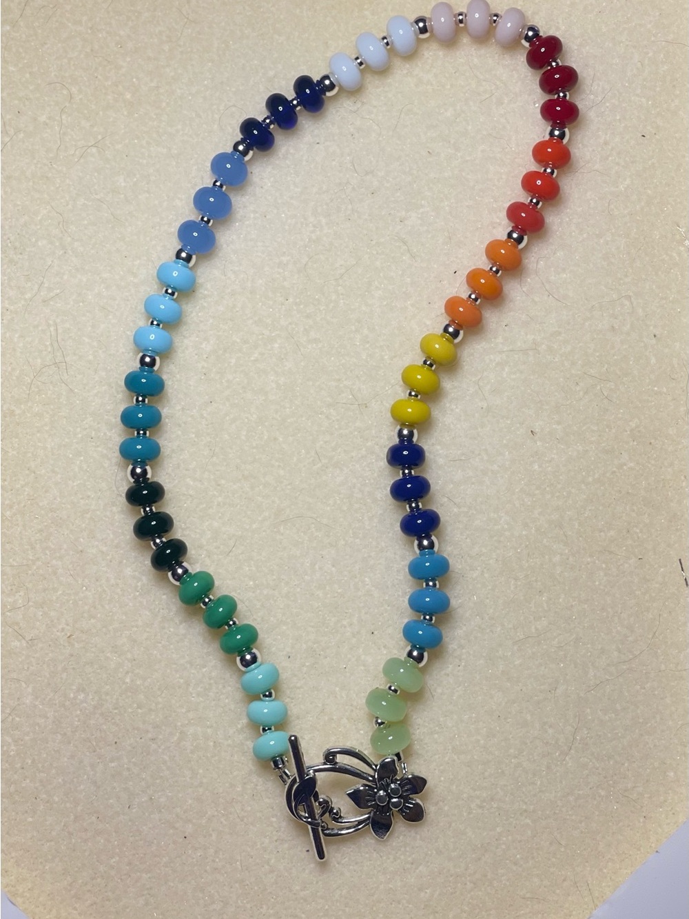 Multicolor Rainbow Glass Bead Necklace with Floral Toggle